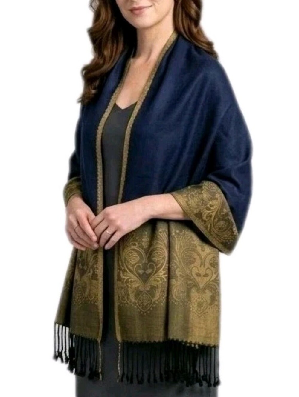 Paras 100% Cashmere Paisley Fringe Scarf Shawl Navy Blue Bronze Gold Boho Large